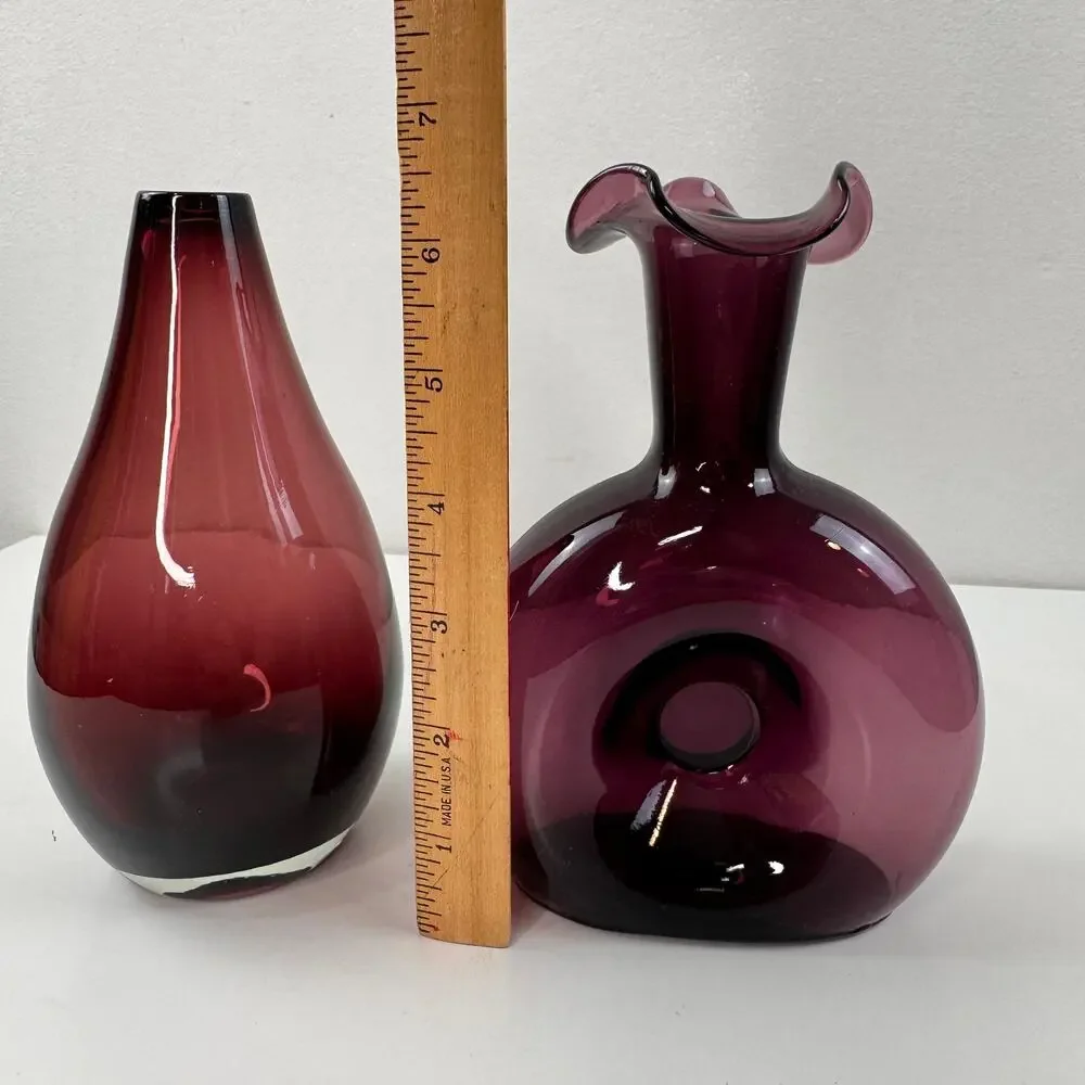 Set 2 Vintage BLENKO Pinched Donut Purple Amethyst Tulip Vase Glass Teardrop MCM